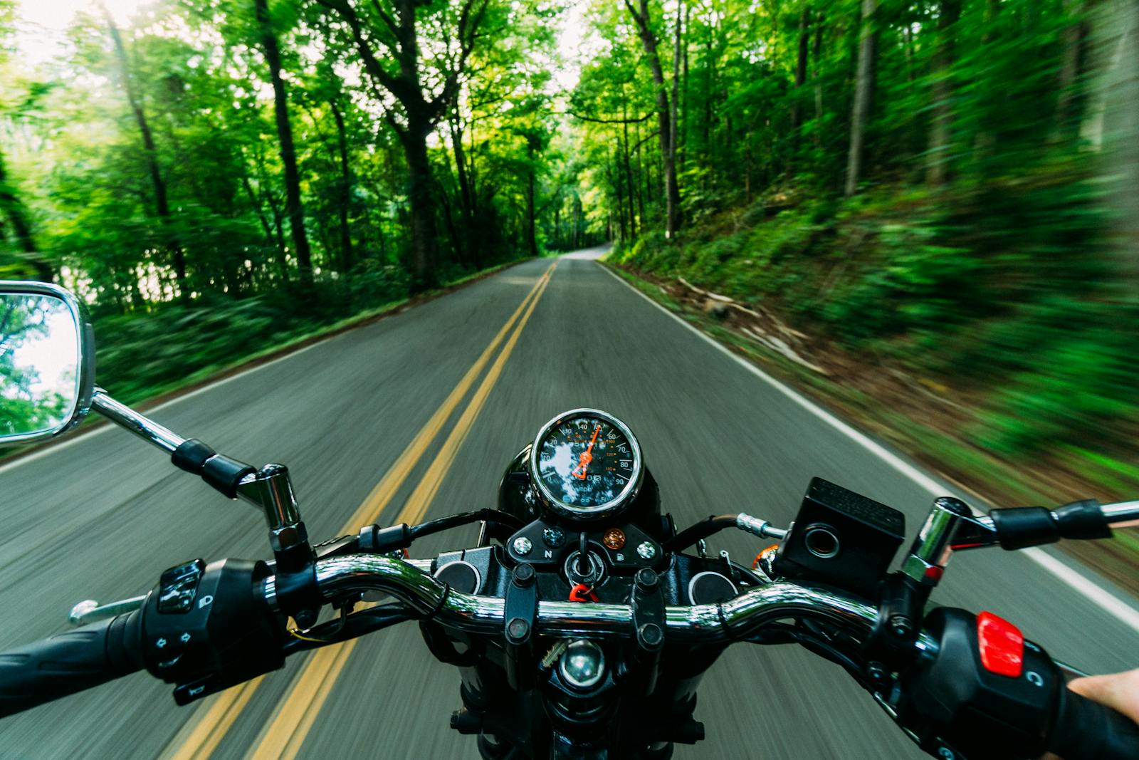 Motorcycle, Experience the thrill of a motorcycle ride through a scenic, winding forest road. Feel the speed and freedom.